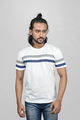 JACOB LOUIS White-Grey-Blue Striped Trendy Men's Premium Round Neck T-Shirt ⭐⭐⭐⭐⭐
