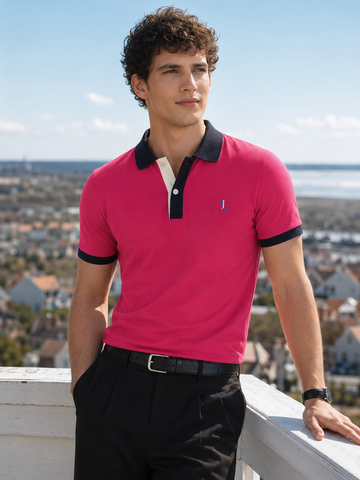 Men’s Dark Pink Cotton Polo T-Shirt with Contrast Collar