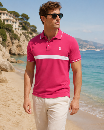 Men’s Vibrant Pink Soft Stretchable Polo T-Shirt with White Chest Stripe