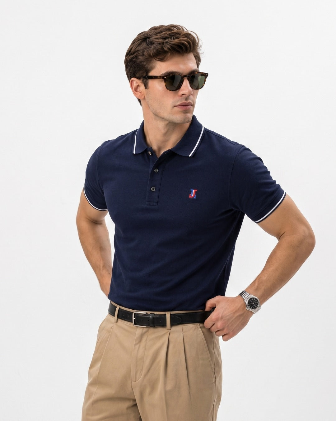 Men’s Premium Cotton Navy Blue Polo T-Shirt with White Tipped Collar