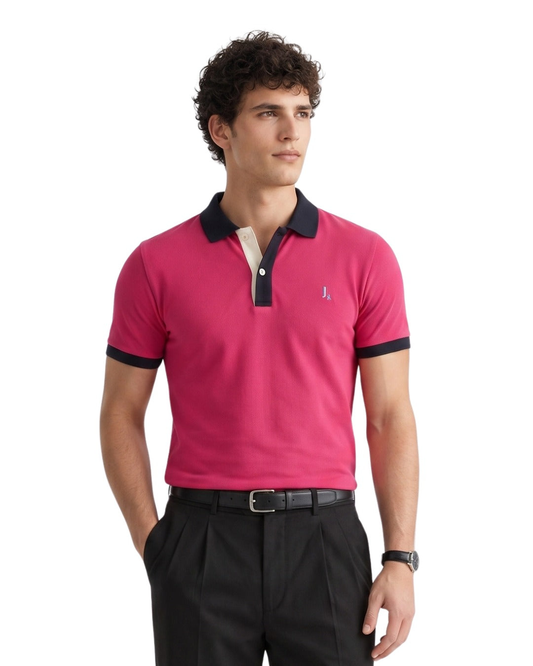 Men’s Dark Pink Cotton Polo T-Shirt with Contrast Collar