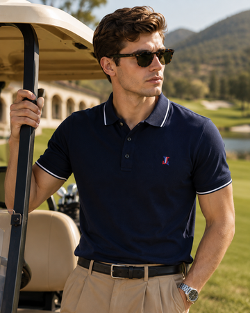 Men’s Premium Cotton Navy Blue Polo T-Shirt with White Tipped Collar