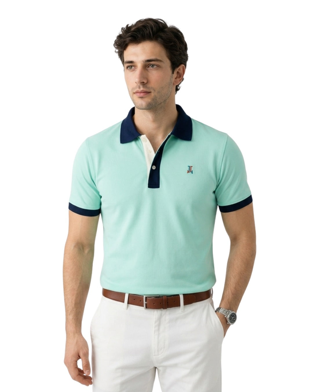 Men’s Aqua Green Cotton Polo T-Shirt with Contrast Collar