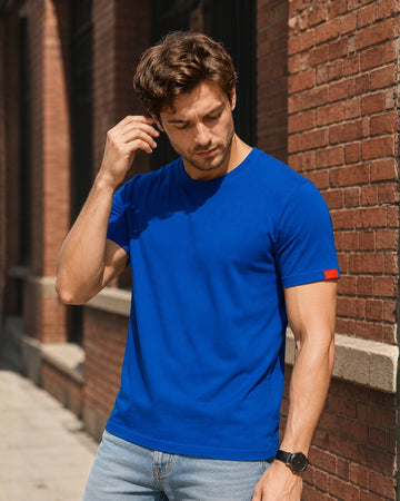 Men’s Classic Crew-Neck T-Shirt with Contrast Sleeve Patch -(Royal Blue)