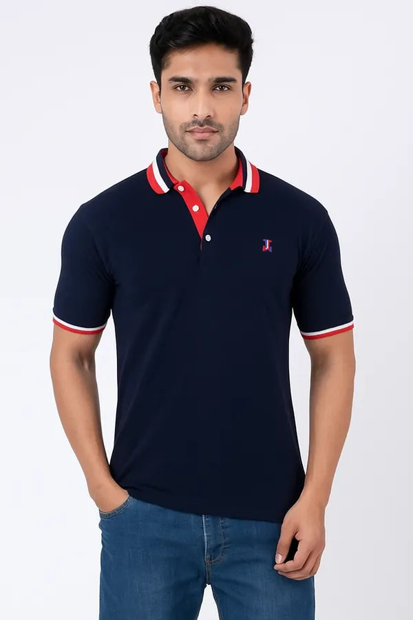 Navy Blue Half Sleeve Pure Cotton Fabric Polo T-Shirt | For Men