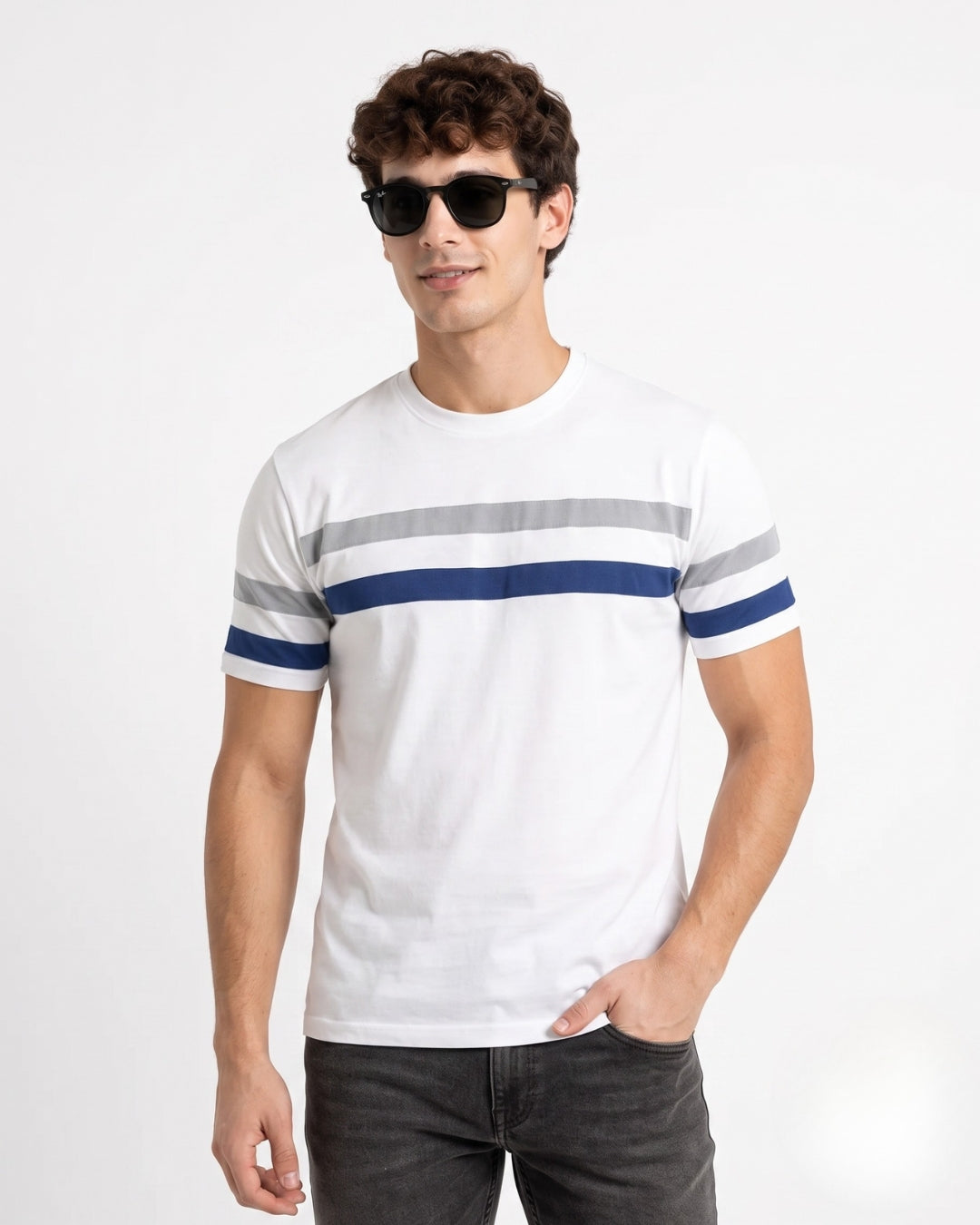 White & Grey & Blue Striped Trendy Round Neck T-Shirt