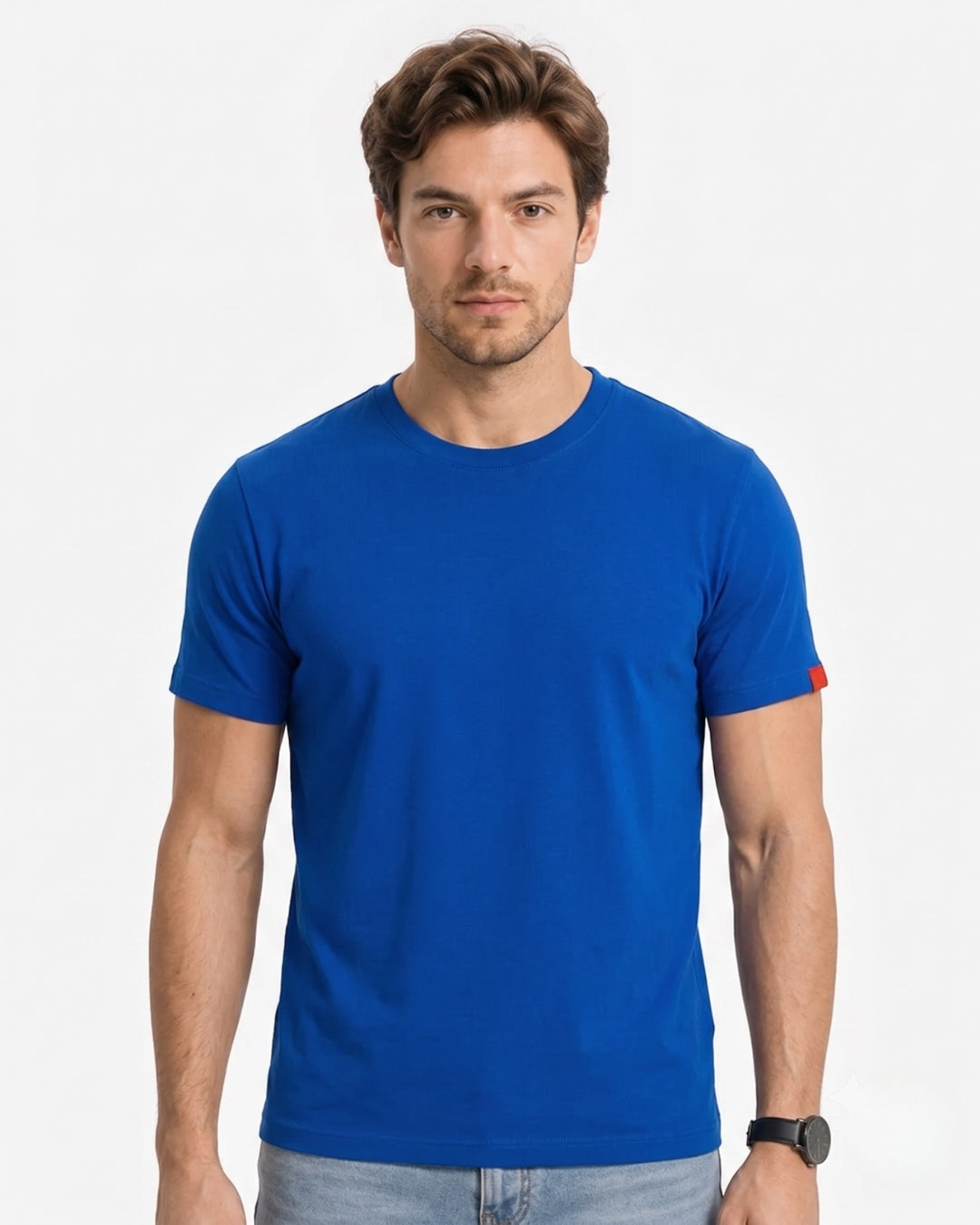 Men’s Classic Crew-Neck T-Shirt with Contrast Sleeve Patch -(Royal Blue)