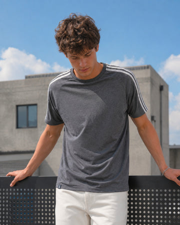 Men’s Textured Signature Stripe Raglan T-Shirt - (Charcoal Grey)