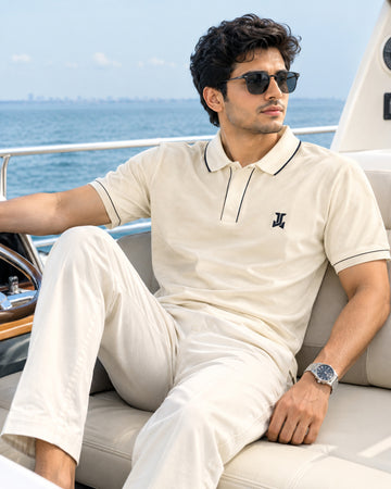 Men’s Premium Cotton Piping Polo T-Shirt - (Off-White)