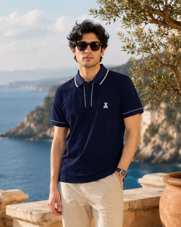 Men’s Premium Cotton Piping  Polo T-Shirt - (Navy Blue)