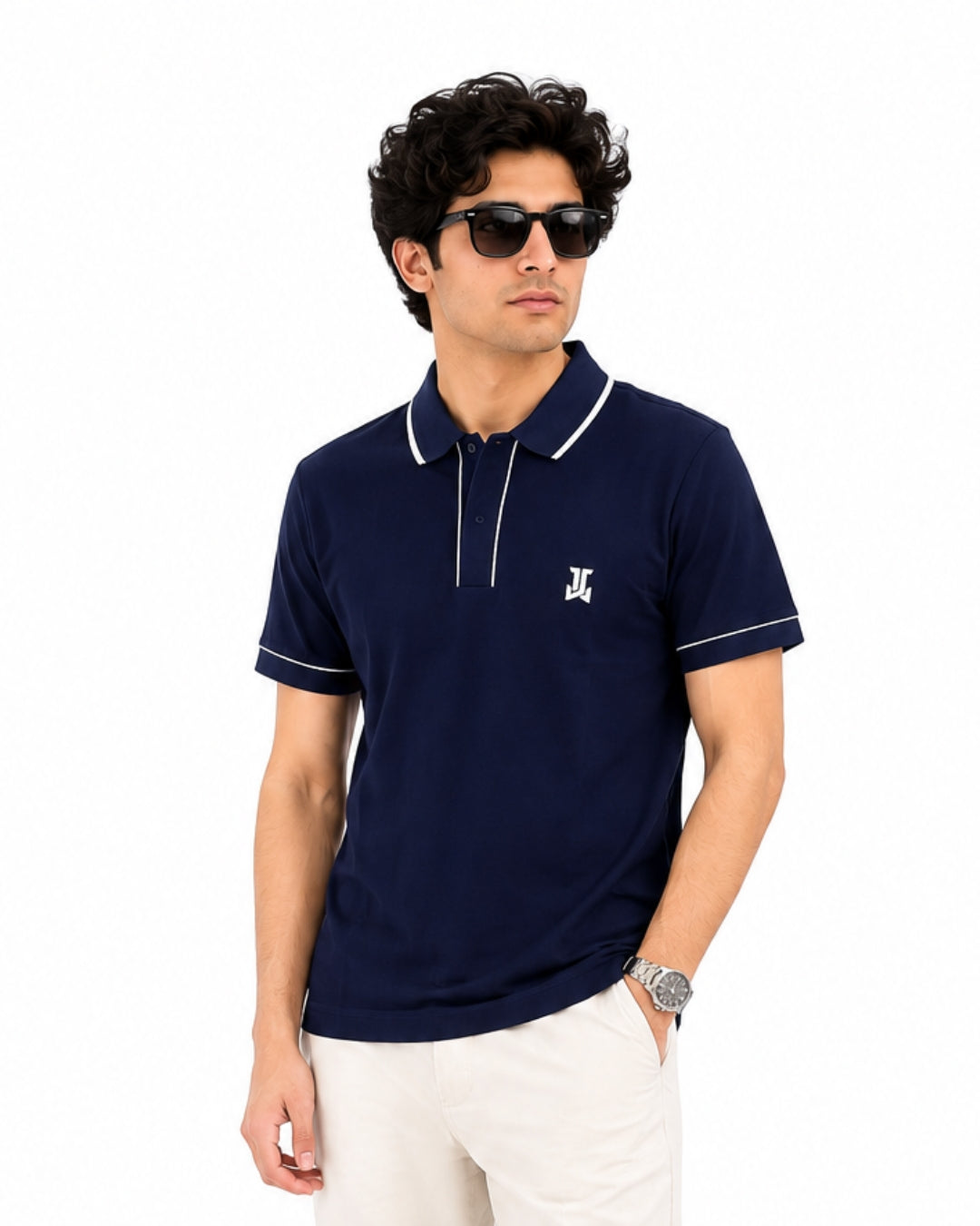Men’s Premium Cotton Piping  Polo T-Shirt - (Navy Blue)