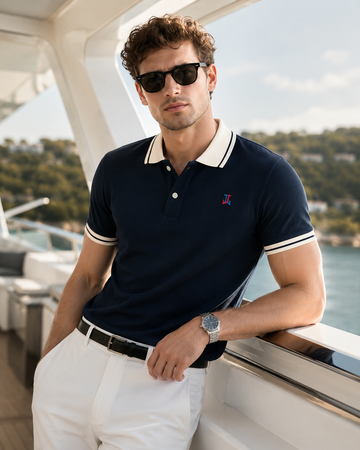 Men’s Navy Blue Cotton Polo T-Shirt with Contrast Collar