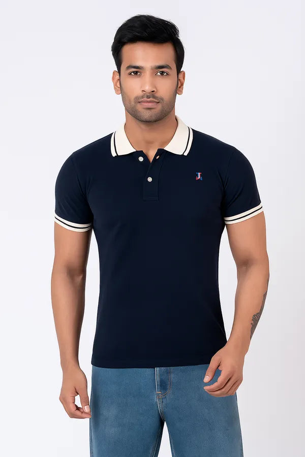 Dark Navy Blue Half Sleeve Pure Cotton Fabric Polo T-Shirt | For Men