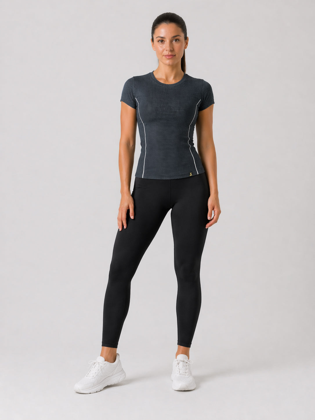 Women's Dark Grey Popcorn Texture Sports T-Shirt | Round Neck Slim Fit Activewear