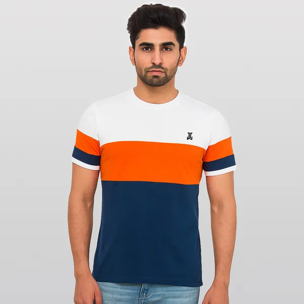 White, Orange Navy Blue Striped Trendy Round Neck T-Shirt
