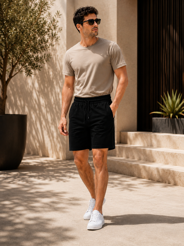 Men's Solid Black Soft Cotton Relaxed Fit Shorts with Gold Piping