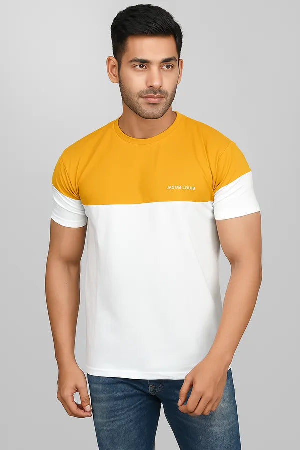 White & Yellow Soft Cotton Trendy Round Neck Tshirt