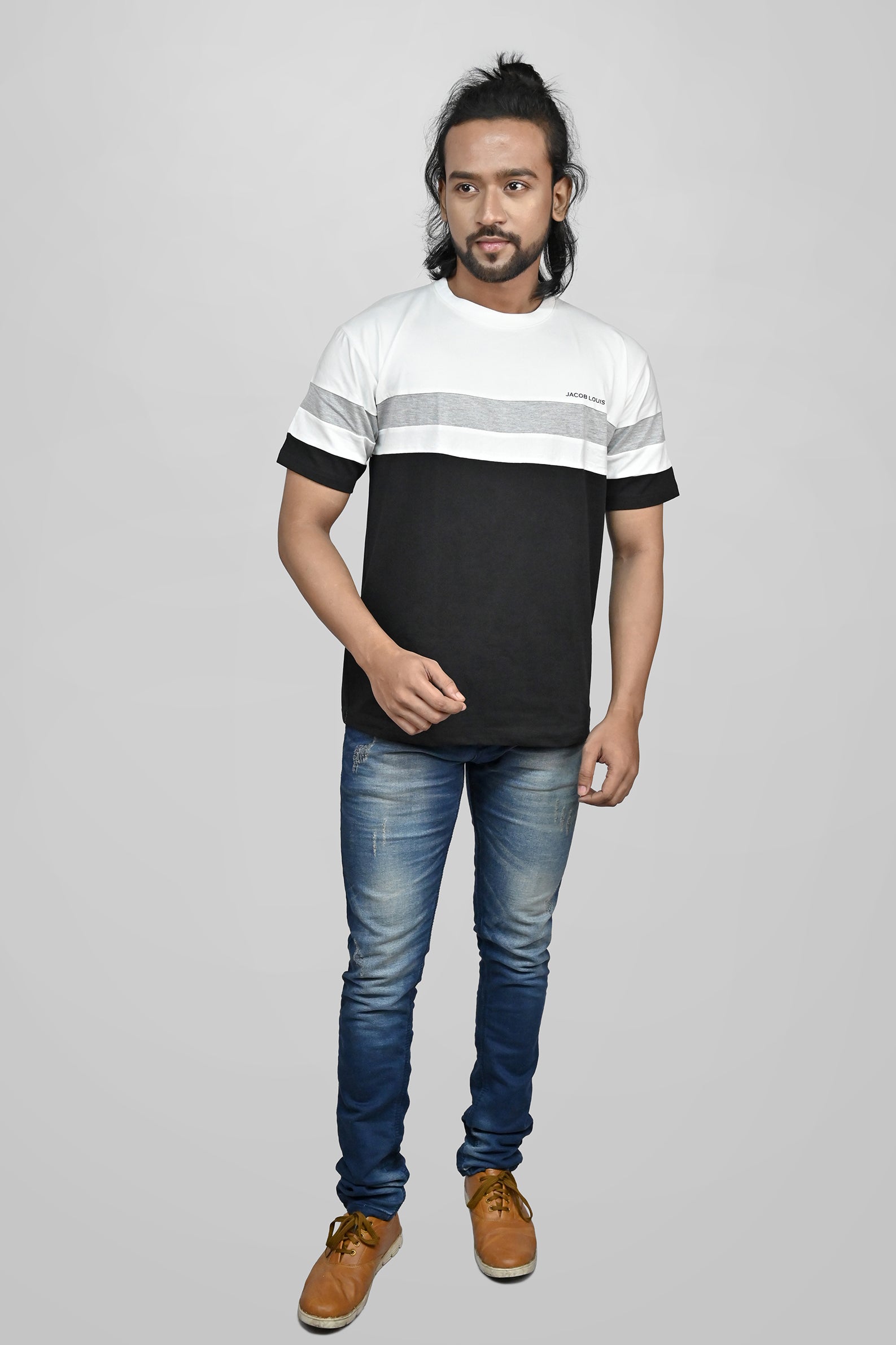 JACOB LOUIS White-Grey-Black Striped Trendy Premium Round Neck T-Shirt For Men ⭐⭐⭐⭐⭐