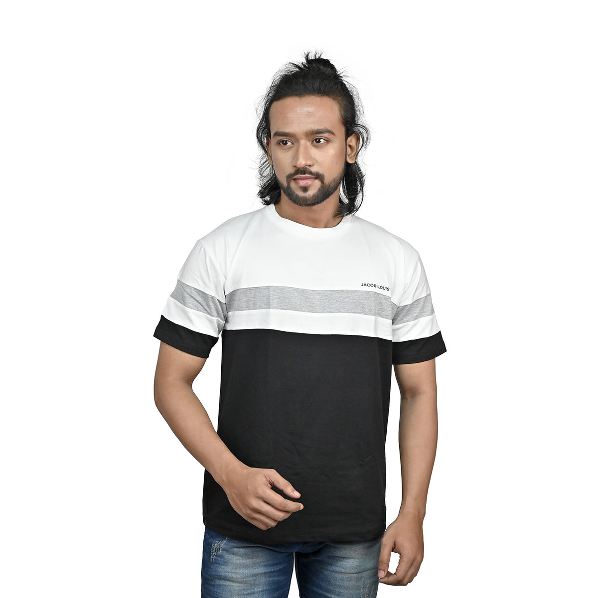 JACOB LOUIS Soft Cotton Lycra Regular Fit Round Neck Tshirt For Men - White, Grey & Black  Pack of 1