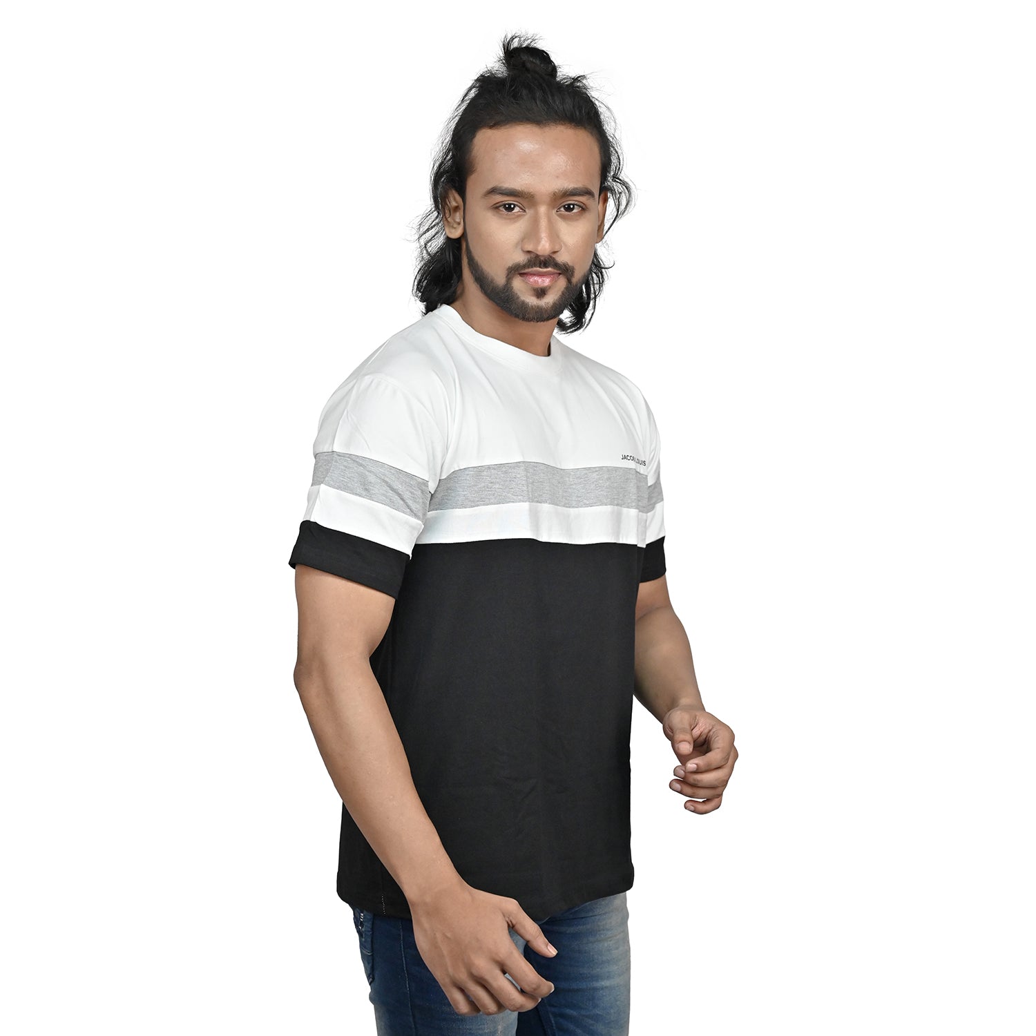 JACOB LOUIS Soft Cotton Lycra Regular Fit Round Neck Tshirt For Men - White, Grey & Black  Pack of 1