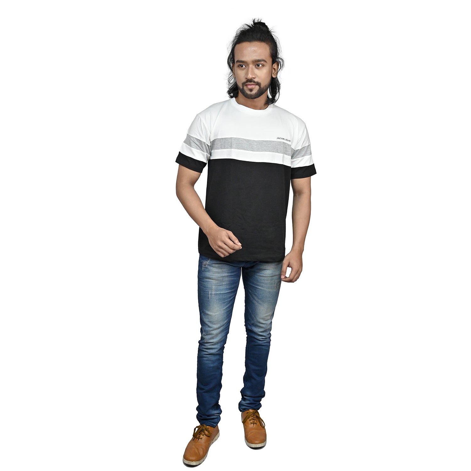 JACOB LOUIS Soft Cotton Lycra Regular Fit Round Neck Tshirt For Men - White, Grey & Black  Pack of 1