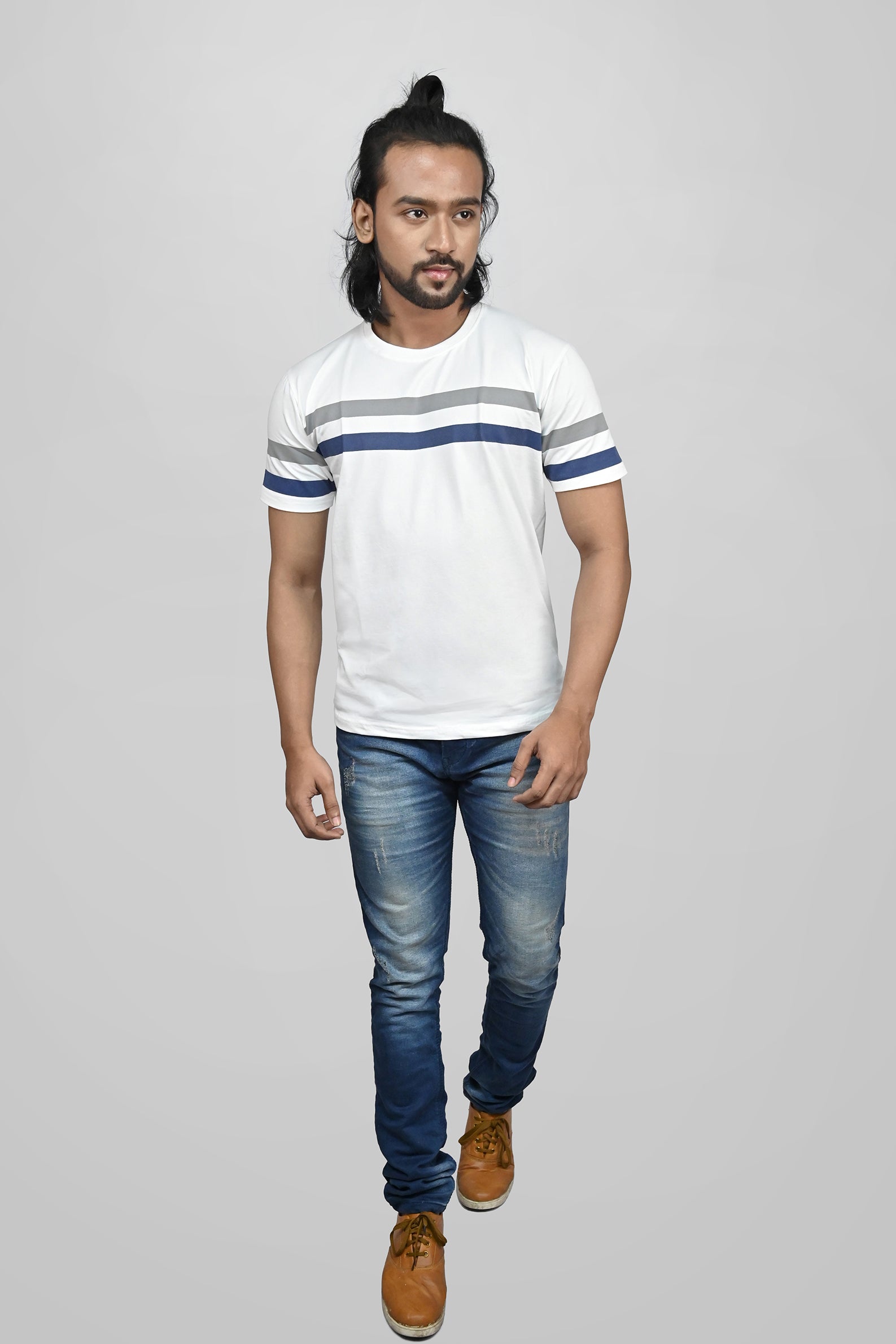 JACOB LOUIS White-Grey-Blue Striped Trendy Men's Premium Round Neck T-Shirt ⭐⭐⭐⭐⭐