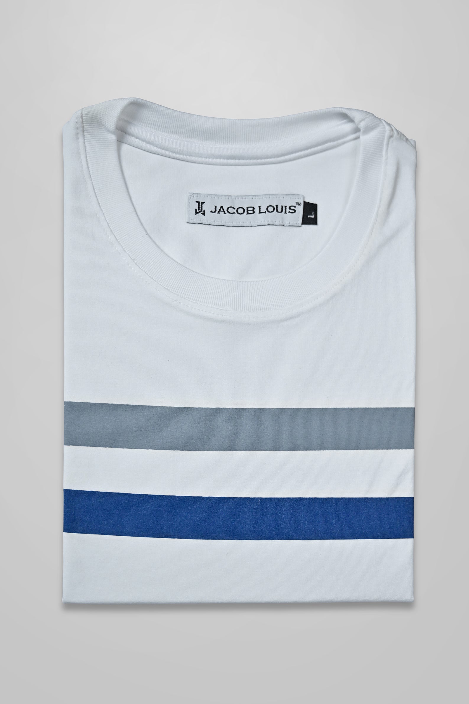 JACOB LOUIS White-Grey-Blue Striped Trendy Men's Premium Round Neck T-Shirt ⭐⭐⭐⭐⭐
