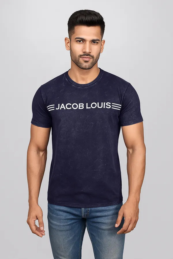 Blue Comb Cotton Textu Round Neck T-Shirt