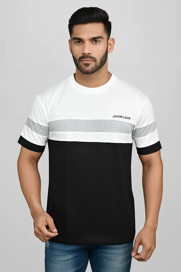 White & Grey & Black Striped Trendy Round Neck T-Shirt Price