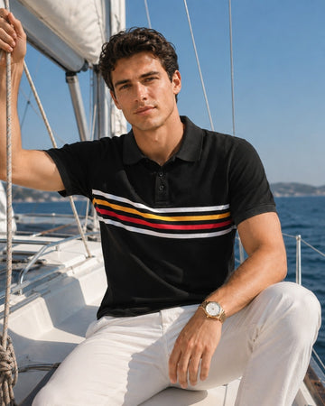 Men’s Black Multicolor Striped Polo Neck T-Shirt