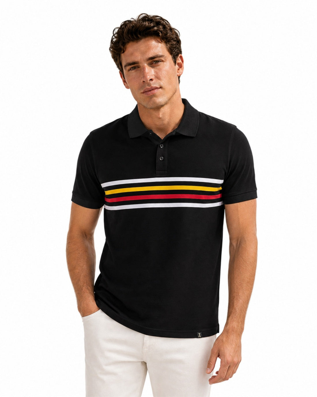 Men’s Black Multicolor Striped Polo Neck T-Shirt