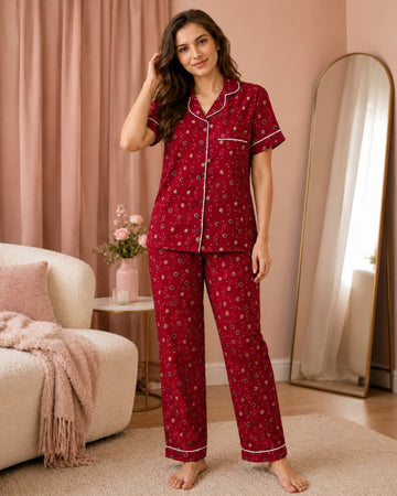 Women’s Maroon Floral Printed Button-Down Night Suit Set
