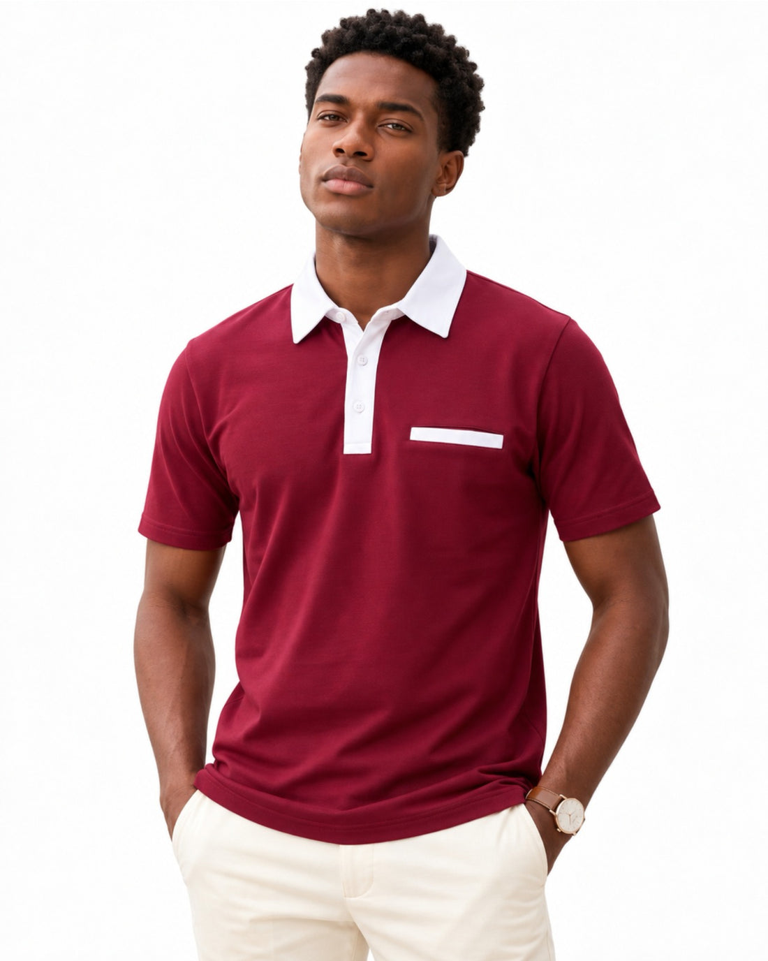 Men’s Burgundy Polo T-Shirt with Contrast Collar & Pocket