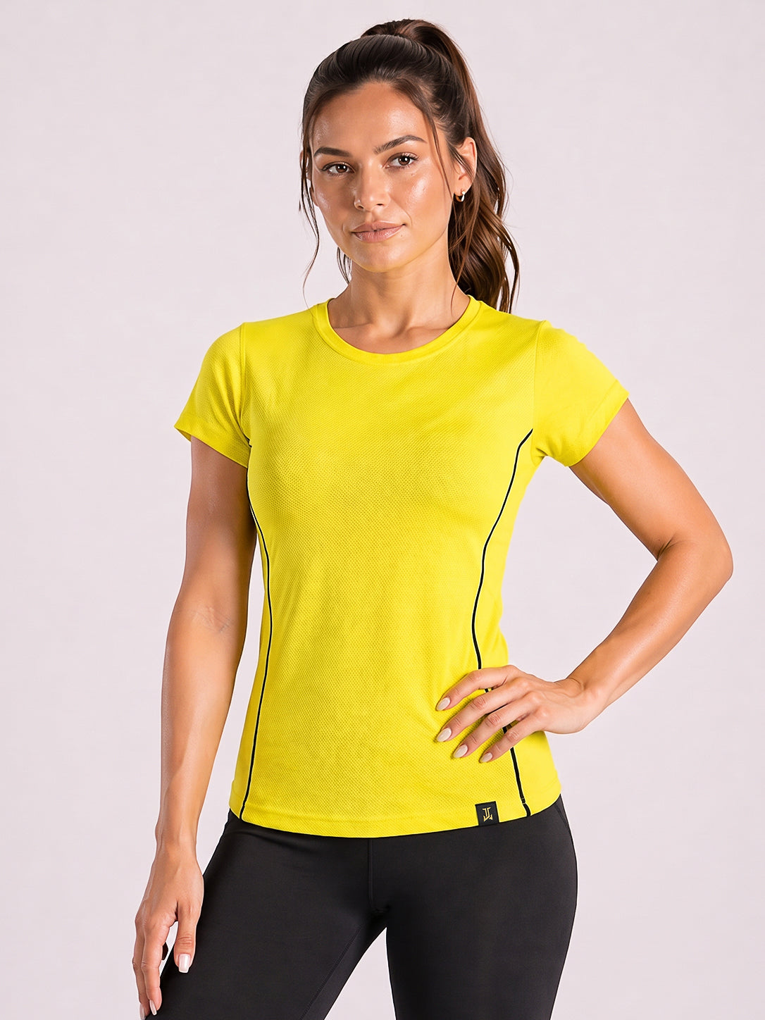 Women's Yellow Popcorn Texture Sports T-Shirt | Round Neck Slim Fit Activewear