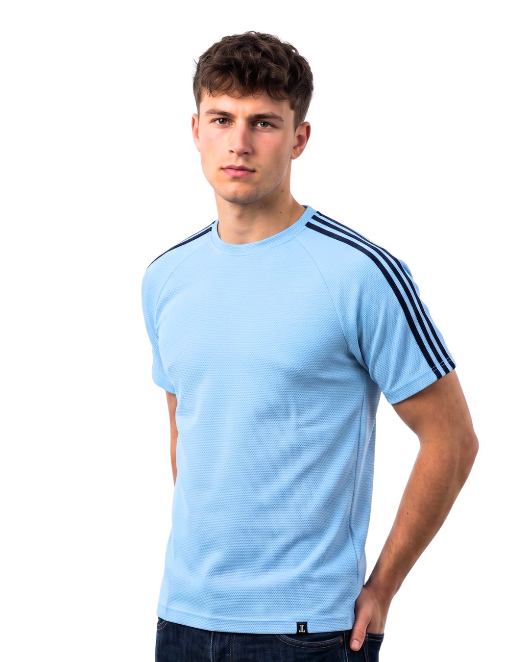 Men’s Premium Popcorn Texture Shoulder Stripe T-Shirt - (Sky Blue)