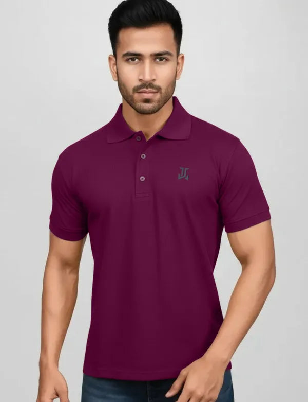 Solid Polo Neck Pure Cotton Wine Colour T-Shirt For Men