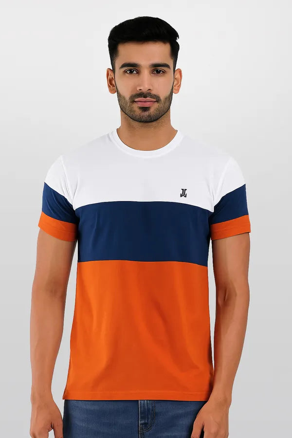 White, Navy Blue & Orange Striped Trendy Round Neck T-Shirt