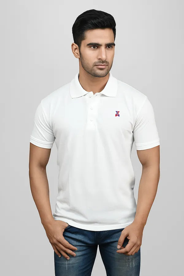 White Half Sleeve Pure Cotton Fabric Polo T-Shirt | For Men