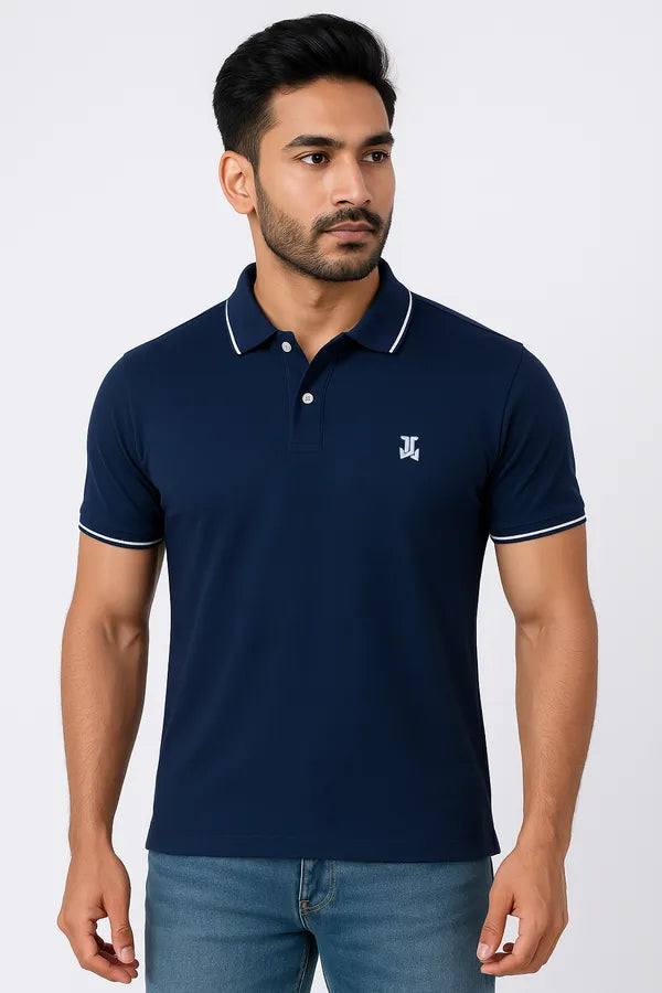 Navy Blue Half Sleeve Poly Cotton Fabric Polo T-Shirt | For Men