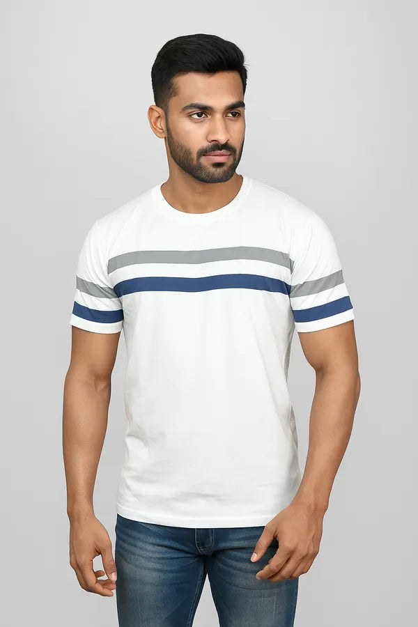 White & Grey & Blue Striped Trendy Round Neck T-Shirt